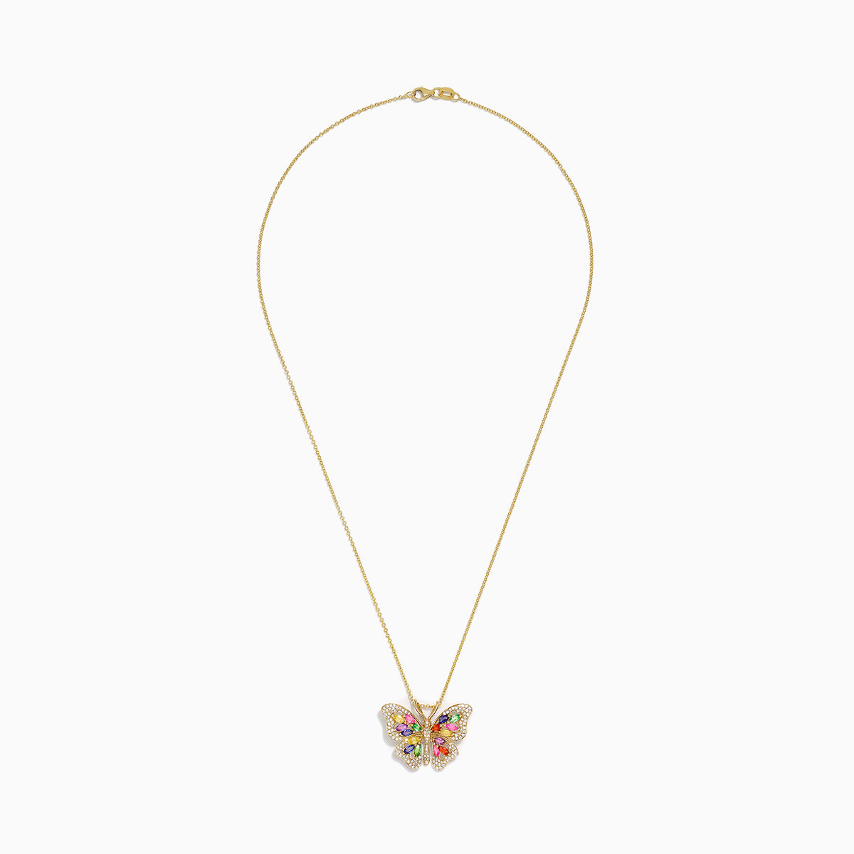 The Watercolors 14K Gold Sapphire & Diamond Butterfly Pendant, 2.34 TCW, features colorful sapphires in blue, green, yellow, pink, red, and purple with sparkling diamonds set along the butterfly wings.
