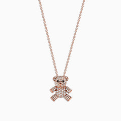 A 14K rose gold chain necklace featuring a Novelty Diamond Teddy Bear Pendant (0.51 TCW), displayed on a plain white background.