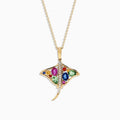The Watercolors 14K Gold Sapphire and Diamond Stingray Pendant (0.91 TCW) features a stingray design set with colorful sapphires and diamond accents in blue, green, red, and yellow, shown against a white background.