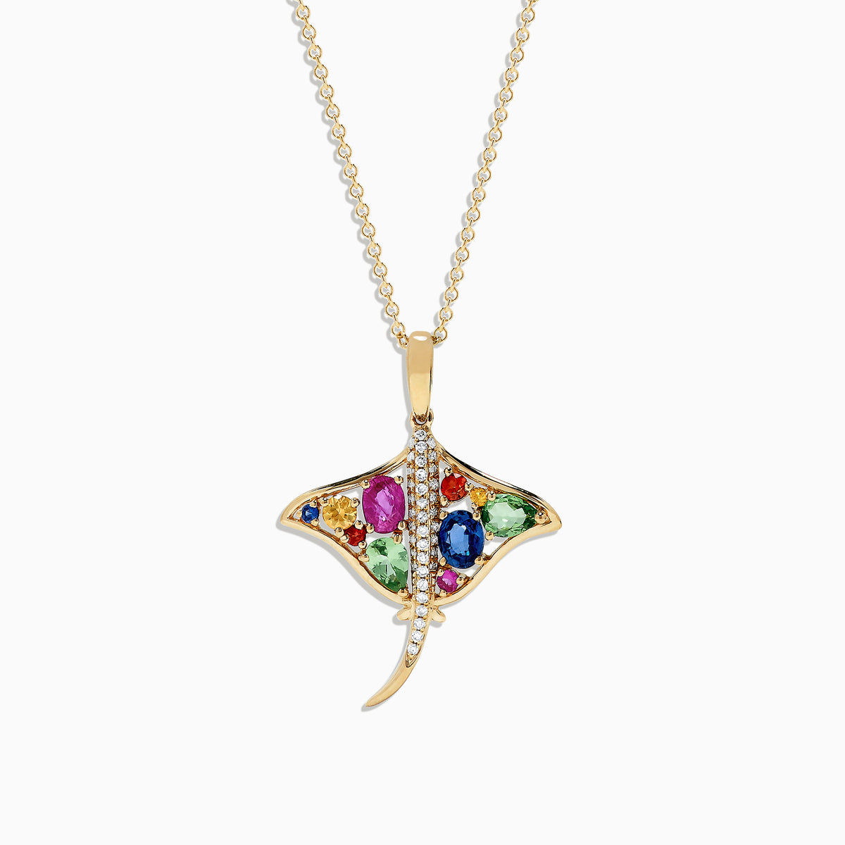 The Watercolors 14K Gold Sapphire and Diamond Stingray Pendant (0.91 TCW) features a stingray design set with colorful sapphires and diamond accents in blue, green, red, and yellow, shown against a white background.