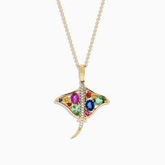 The Watercolors 14K Gold Sapphire and Diamond Stingray Pendant (0.91 TCW) features a stingray design set with colorful sapphires and diamond accents in blue, green, red, and yellow, shown against a white background.