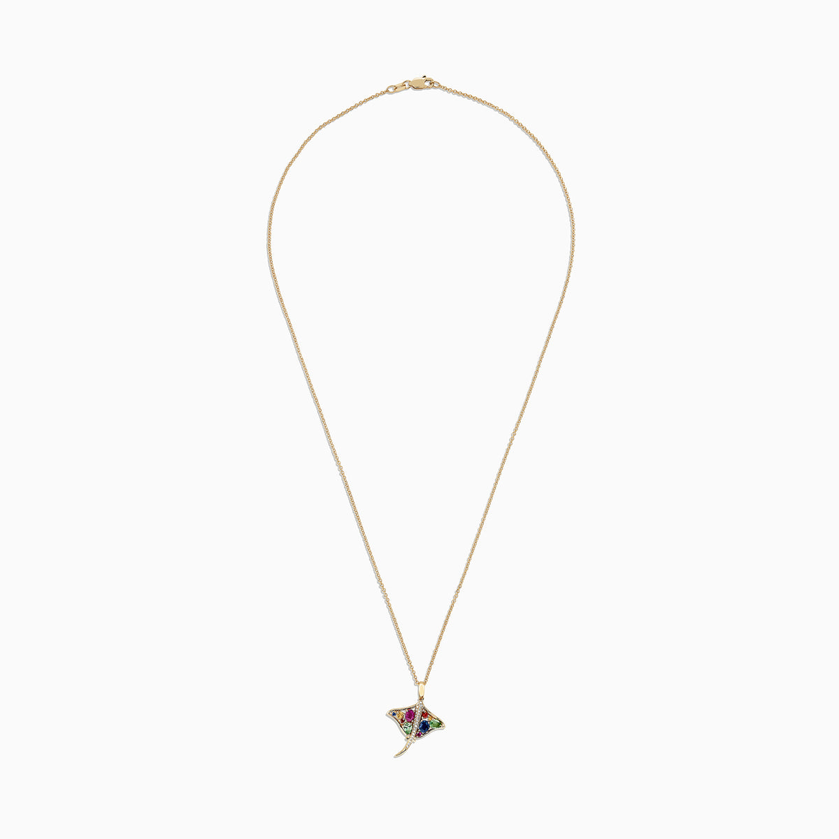 The Watercolors 14K Gold Sapphire and Diamond Stingray Pendant (0.91 TCW) features a stingray design set with colorful sapphires and diamond accents in blue, green, red, and yellow, shown against a white background.