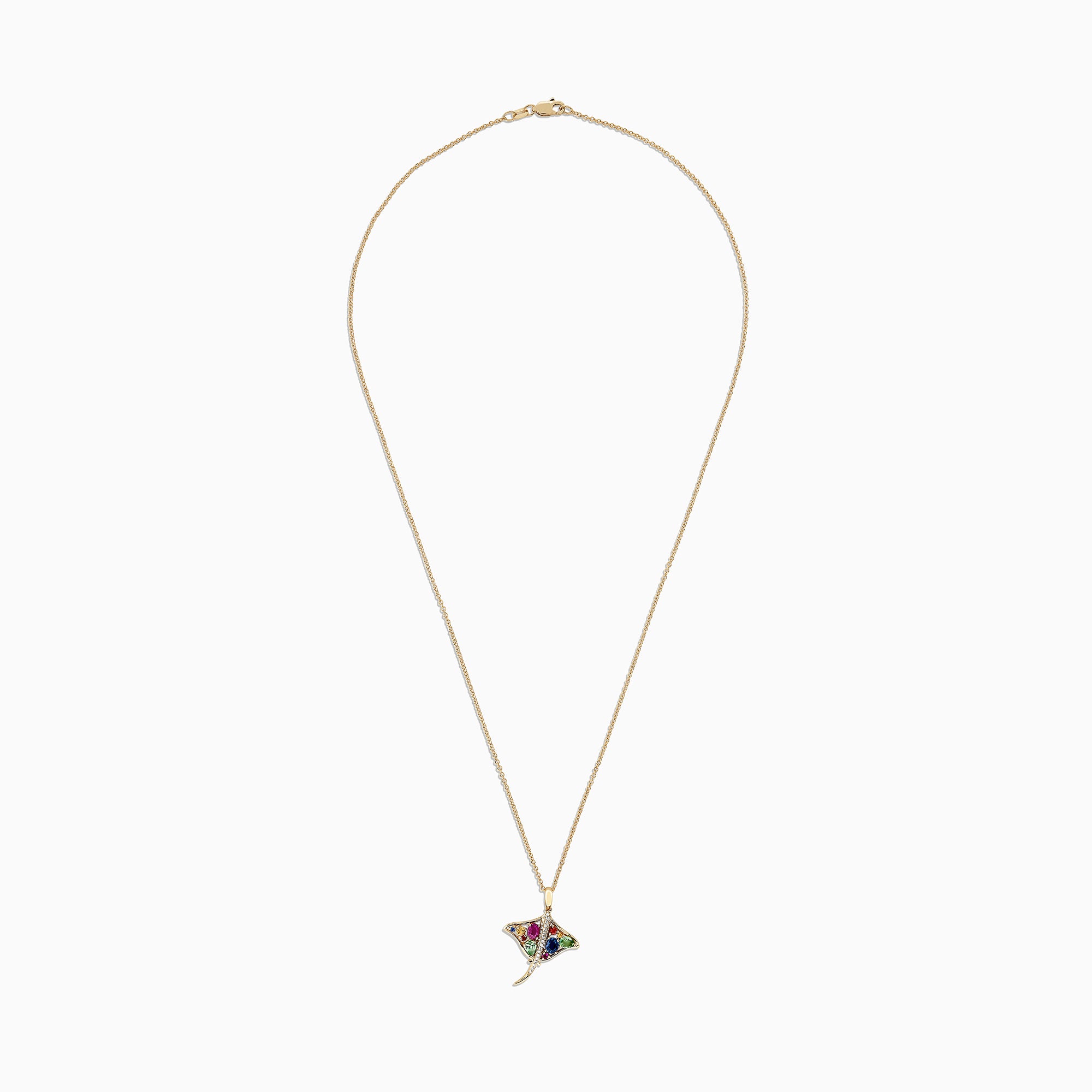 The Watercolors 14K Gold Sapphire and Diamond Stingray Pendant (0.91 TCW) features a stingray design set with colorful sapphires and diamond accents in blue, green, red, and yellow, shown against a white background.
