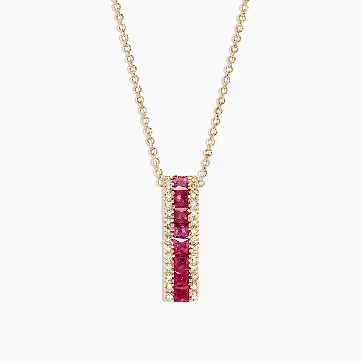 The Ruby Royale 14K Yellow Gold Pendant features a vertical rectangular design with princess cut rubies (1.17 TCW) set in the center, bordered by white diamonds, on a gold chain necklace.