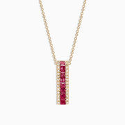 The Ruby Royale 14K Yellow Gold Pendant features a vertical rectangular design with princess cut rubies (1.17 TCW) set in the center, bordered by white diamonds, on a gold chain necklace.