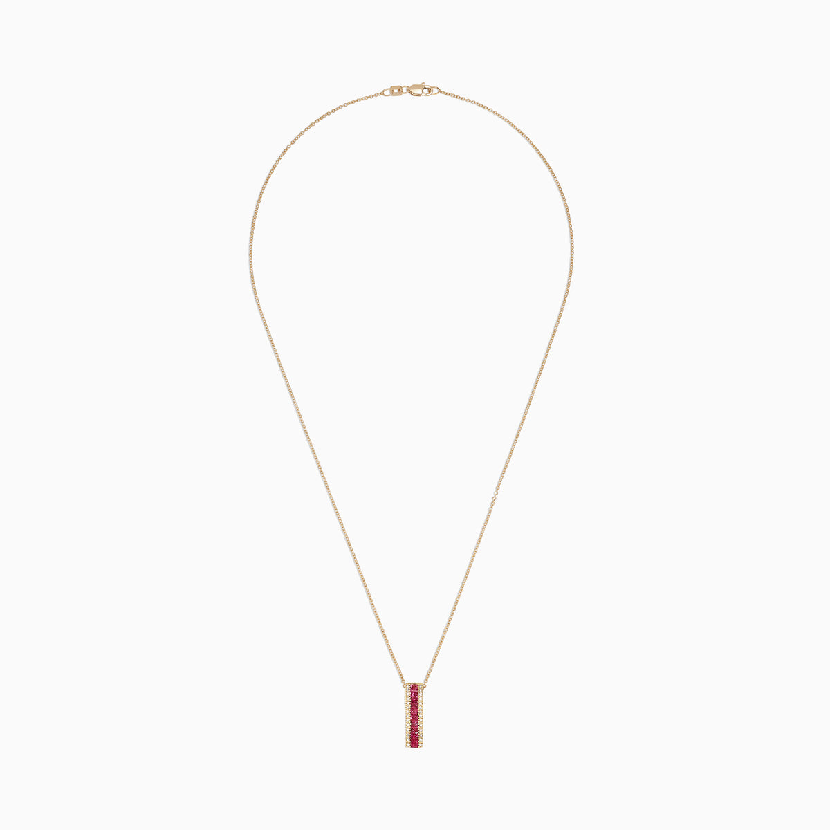 The Ruby Royale 14K Yellow Gold Pendant features a vertical rectangular design with princess cut rubies (1.17 TCW) set in the center, bordered by white diamonds, on a gold chain necklace.