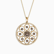 Effy 14K Yellow Gold Espresso and White Diamond Pendant, 1.43 TCW, features a large round medallion with intricate filigree, adorned with sparkling white and brown diamonds.