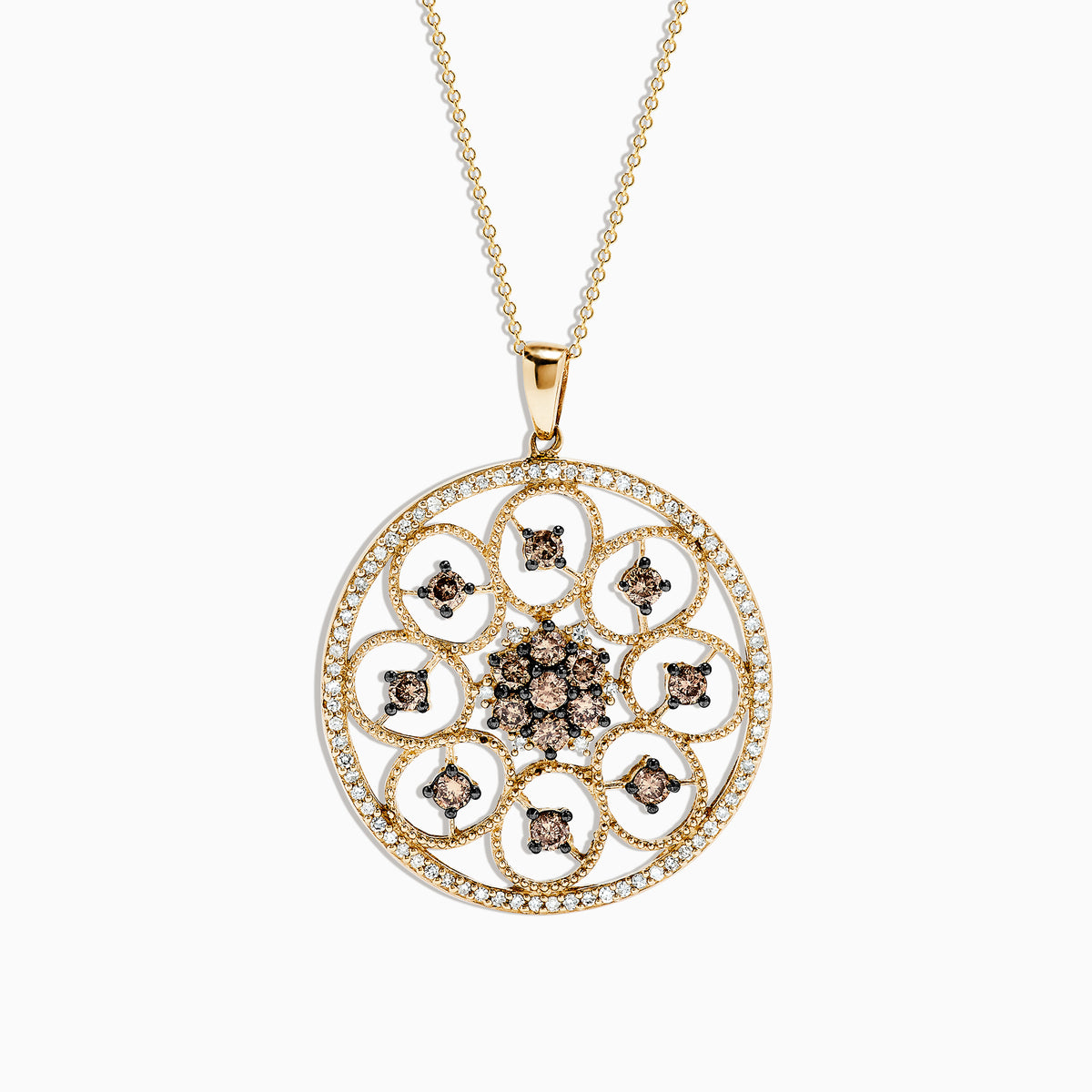 Effy 14K Yellow Gold Espresso and White Diamond Pendant, 1.43 TCW, features a large round medallion with intricate filigree, adorned with sparkling white and brown diamonds.