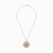 Effy 14K Yellow Gold Espresso and White Diamond Pendant, 1.43 TCW, features a large round medallion with intricate filigree, adorned with sparkling white and brown diamonds.