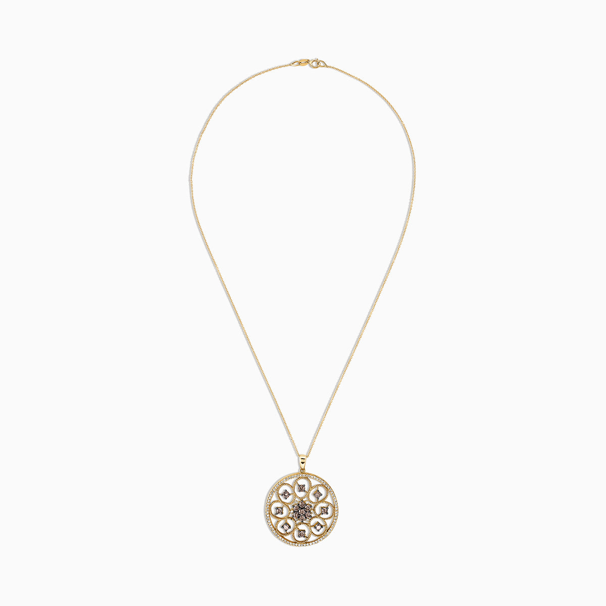 Effy 14K Yellow Gold Espresso and White Diamond Pendant, 1.43 TCW, features a large round medallion with intricate filigree, adorned with sparkling white and brown diamonds.