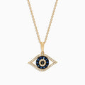 The Novelty 14K Yellow Gold Sapphire & Diamond Evil Eye Pendant (0.42 TCW) features blue sapphires and white diamonds in concentric circles, forming the classic evil eye motif on a gold chain necklace.