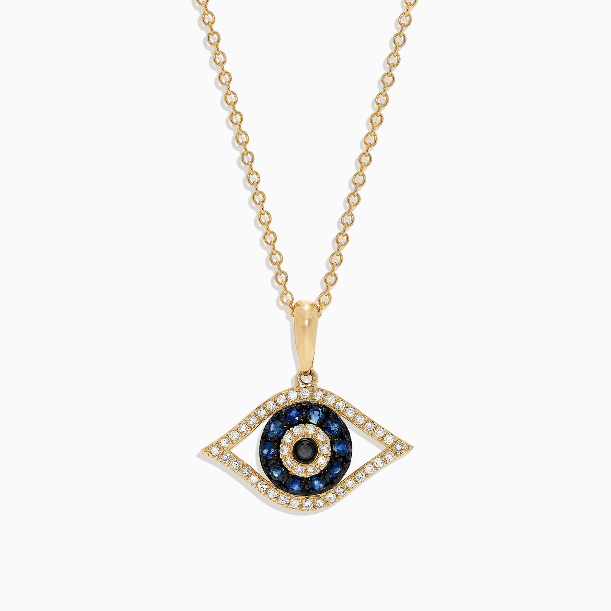 The Novelty 14K Yellow Gold Sapphire & Diamond Evil Eye Pendant (0.42 TCW) features blue sapphires and white diamonds in concentric circles, forming the classic evil eye motif on a gold chain necklace.
