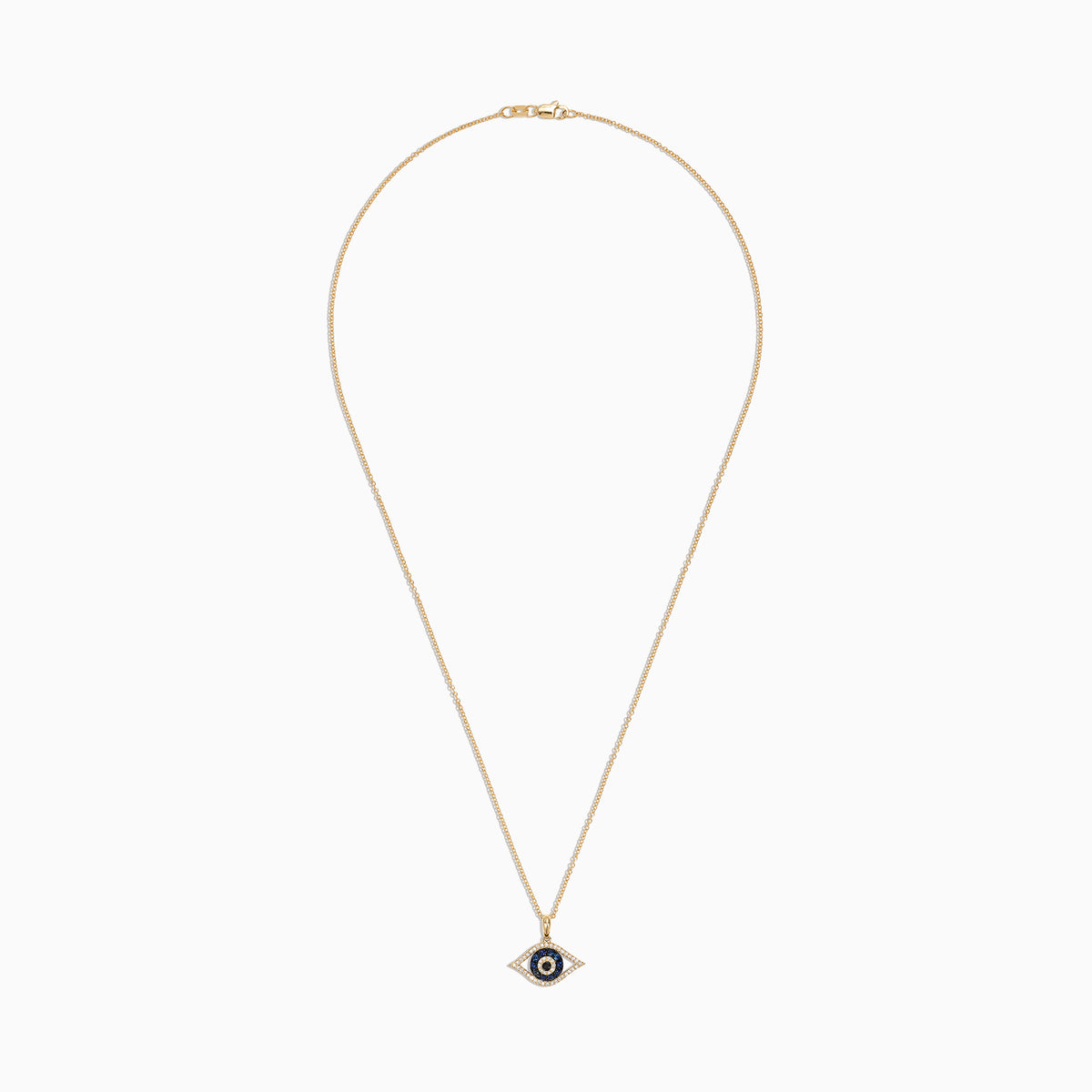 The Novelty 14K Yellow Gold Sapphire & Diamond Evil Eye Pendant (0.42 TCW) features blue sapphires and white diamonds in concentric circles, forming the classic evil eye motif on a gold chain necklace.