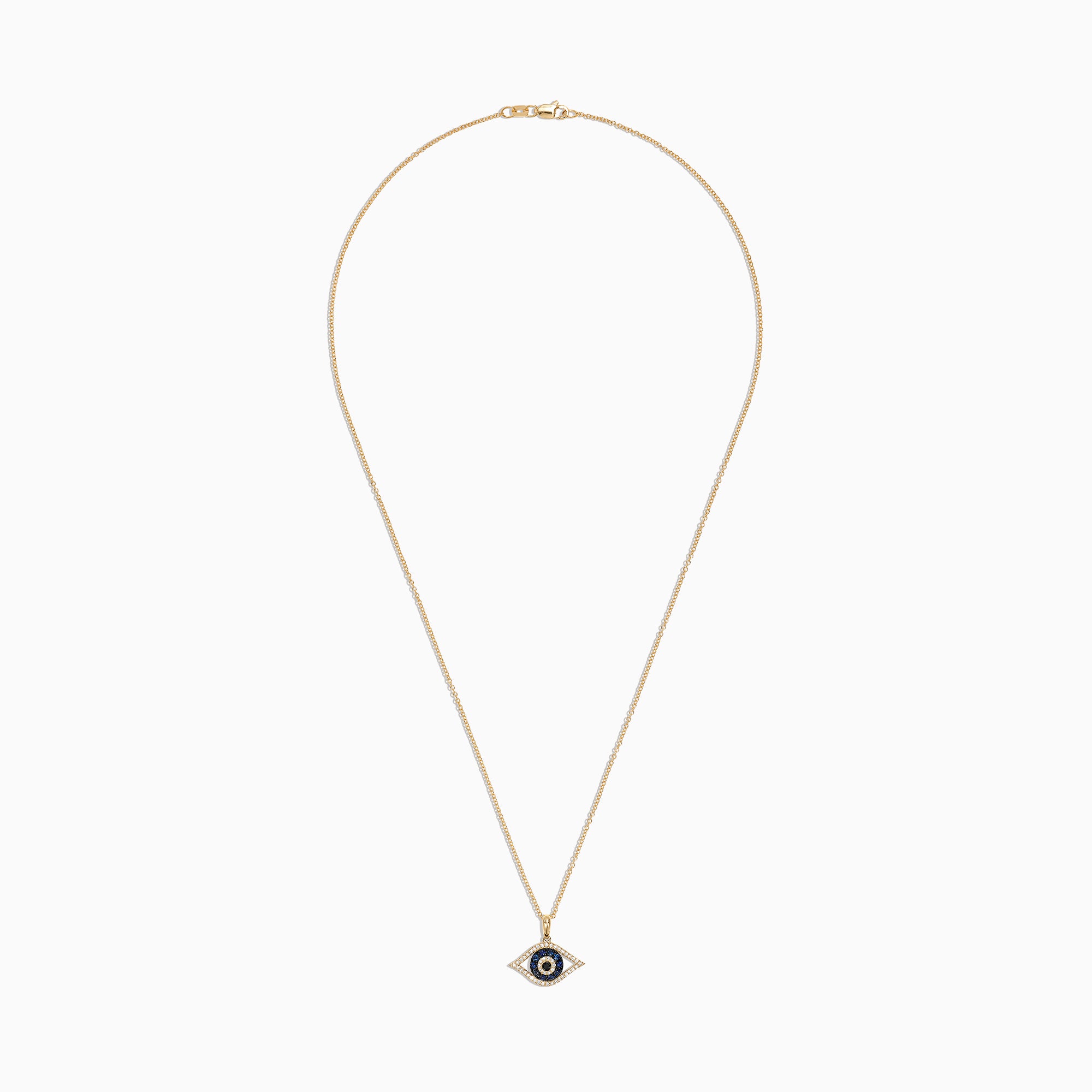 The Novelty 14K Yellow Gold Sapphire & Diamond Evil Eye Pendant (0.42 TCW) features blue sapphires and white diamonds in concentric circles, forming the classic evil eye motif on a gold chain necklace.