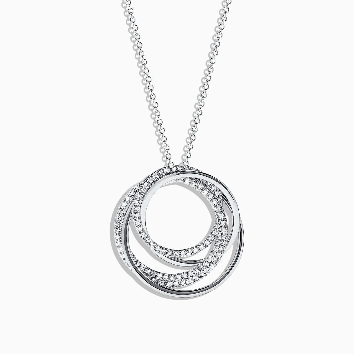 The Pave Classica 14K White Gold Diamond Pendant (0.41 TCW) features intertwined circles adorned with sparkling diamonds, elegantly suspended from a delicate chain against a white background.