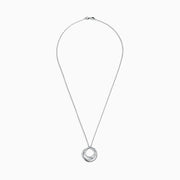 The Pave Classica 14K White Gold Diamond Pendant (0.41 TCW) features intertwined circles adorned with sparkling diamonds, elegantly suspended from a delicate chain against a white background.