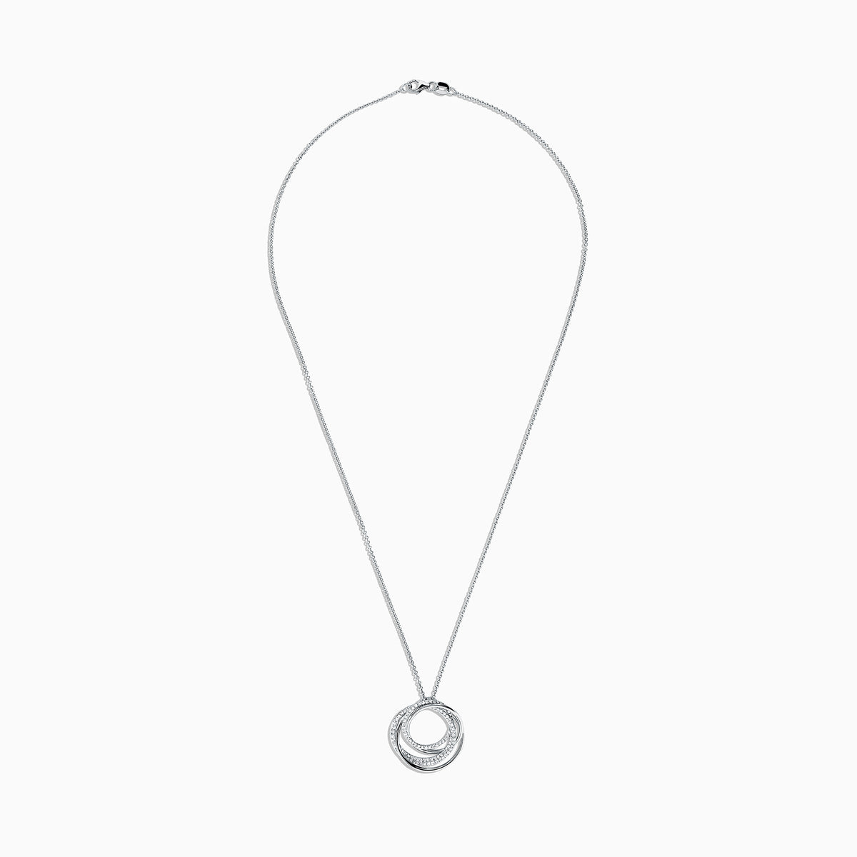 The Pave Classica 14K White Gold Diamond Pendant (0.41 TCW) features intertwined circles adorned with sparkling diamonds, elegantly suspended from a delicate chain against a white background.