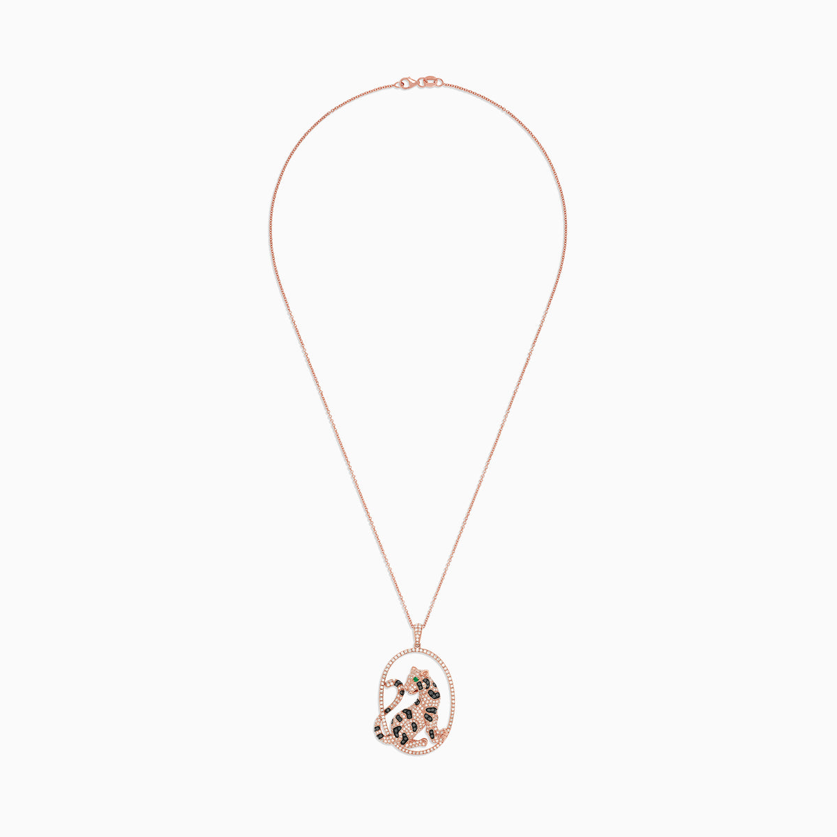 The Signature 14K Rose Gold Diamond and Emerald Panther Pendant (1.75 TCW) features an oval panther design with dazzling diamond accents, sparkling white and black stones, vibrant green gem eyes, all suspended from a delicate chain.