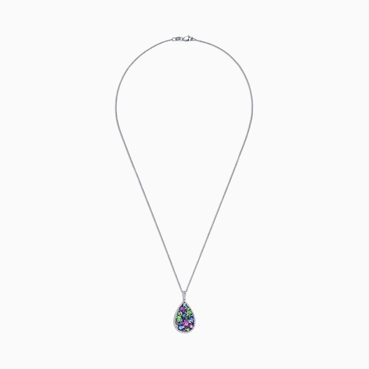 The Watercolors 14K White Gold Multi Sapphire & Tsavorite Diamond Pendant features a teardrop design in purple, green, and blue hues with diamond accents, totaling 3.62 carats.