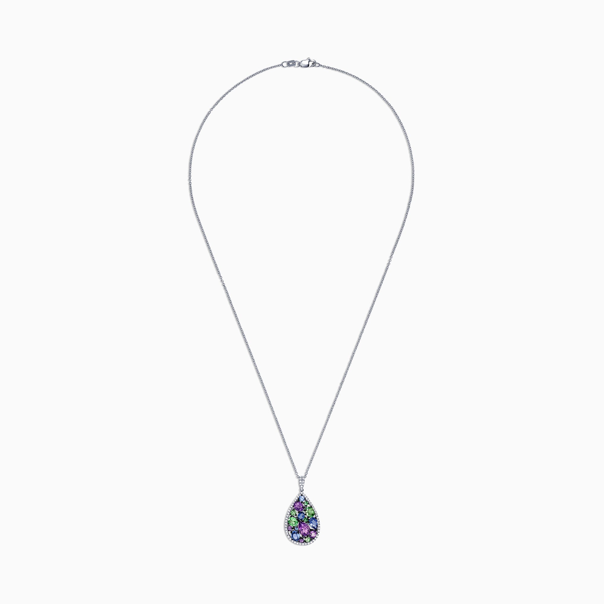 The Watercolors 14K White Gold Multi Sapphire & Tsavorite Diamond Pendant features a teardrop design in purple, green, and blue hues with diamond accents, totaling 3.62 carats.