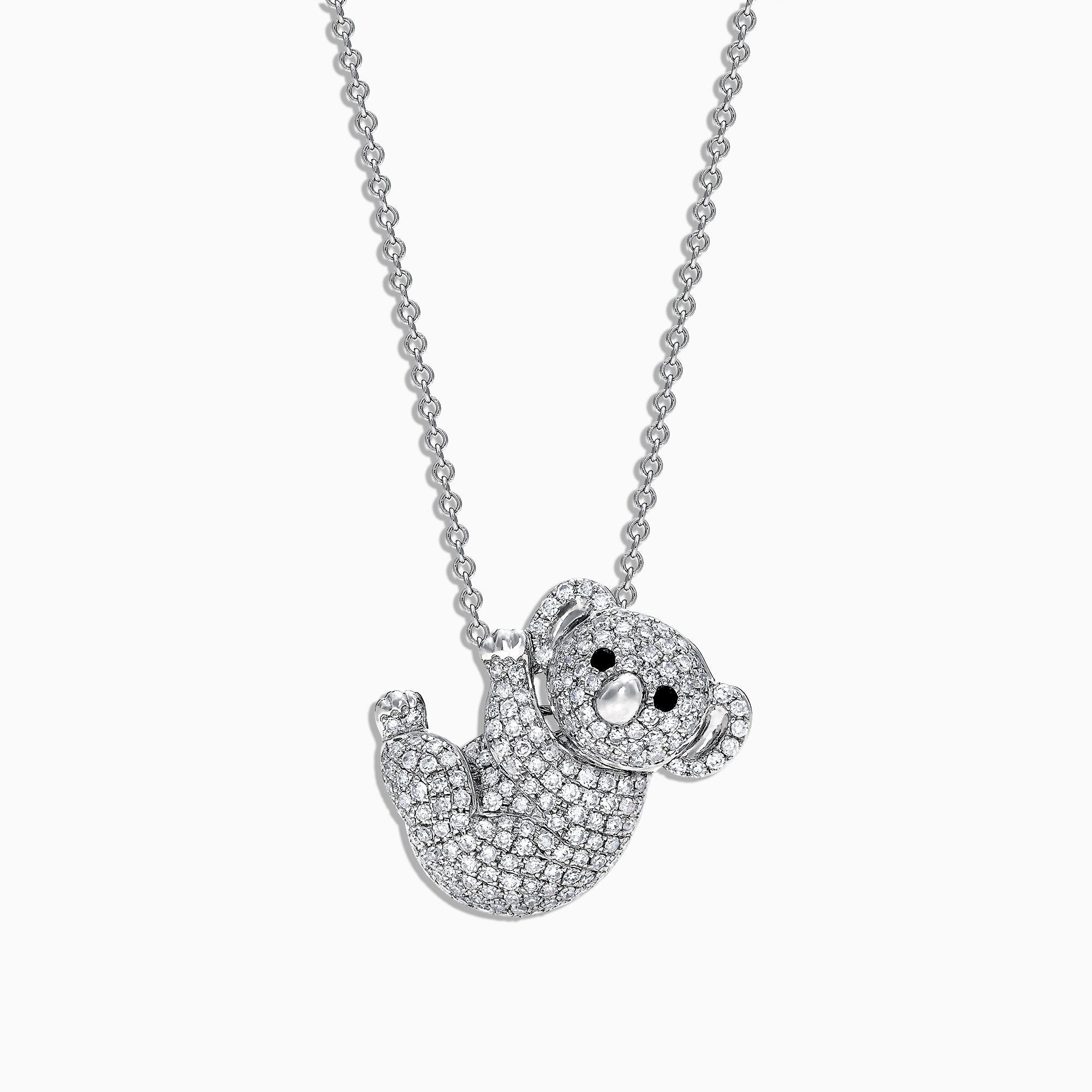 The Safari 14K White Gold Diamond Koala Bear Pendant, 0.69, features a charming koala sparkling with diamonds and black gemstone accents, elegantly hanging from a fine white gold chain.