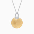 The Duo 14K Two Tone Gold Diamond Pendant, 0.21 TCW, features a large brushed gold pendant with a diamond-studded silver bail on a delicate silver chain, beautifully displayed against a white background.
