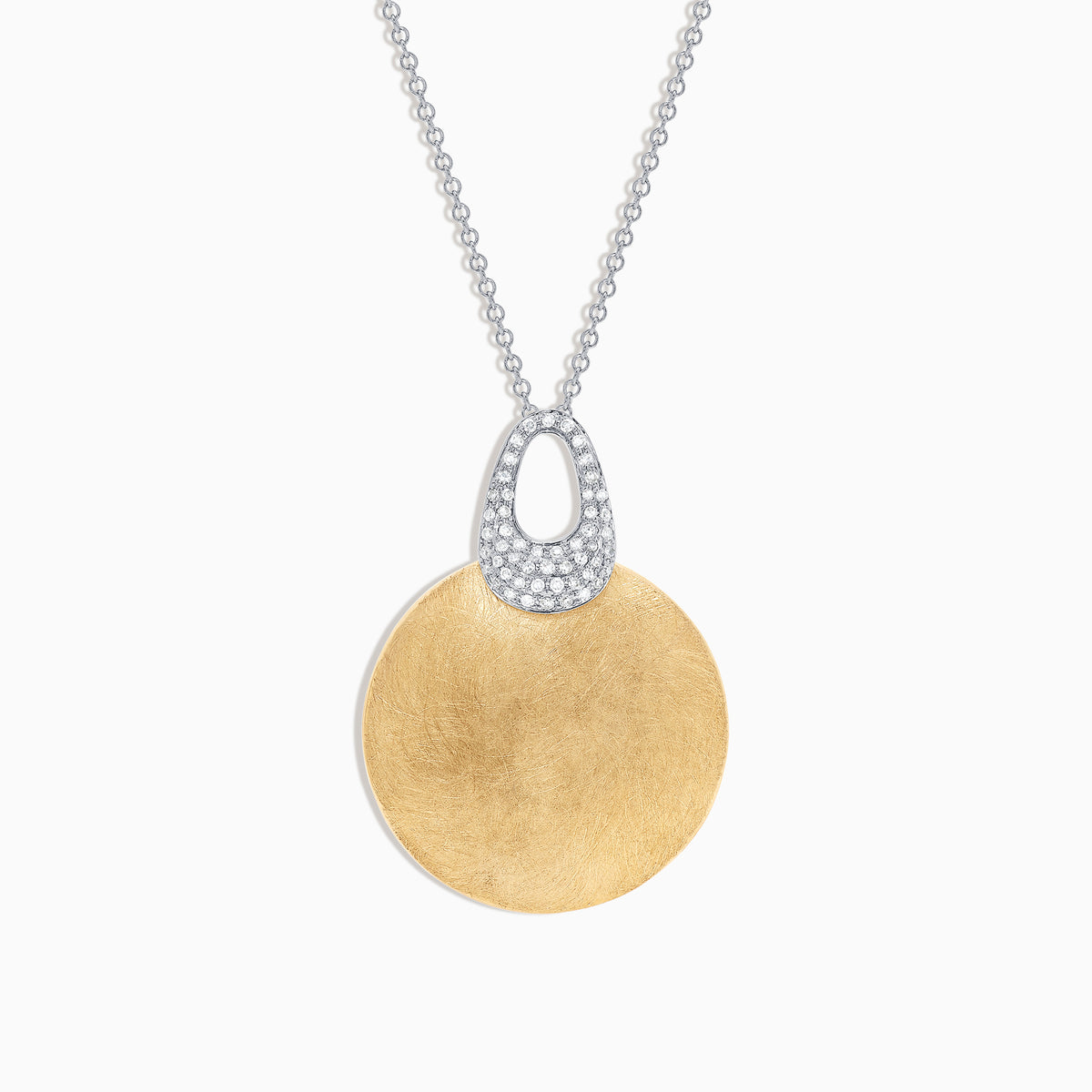 The Duo 14K Two Tone Gold Diamond Pendant, 0.21 TCW, features a large brushed gold pendant with a diamond-studded silver bail on a delicate silver chain, beautifully displayed against a white background.