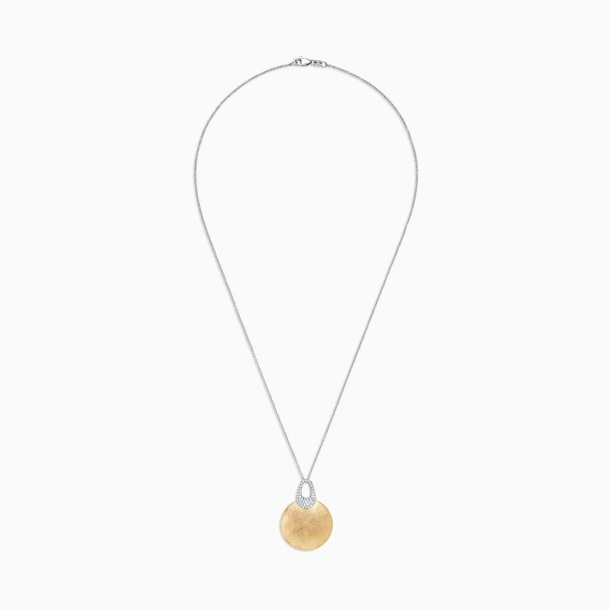 The Duo 14K Two Tone Gold Diamond Pendant, 0.21 TCW, features a large brushed gold pendant with a diamond-studded silver bail on a delicate silver chain, beautifully displayed against a white background.