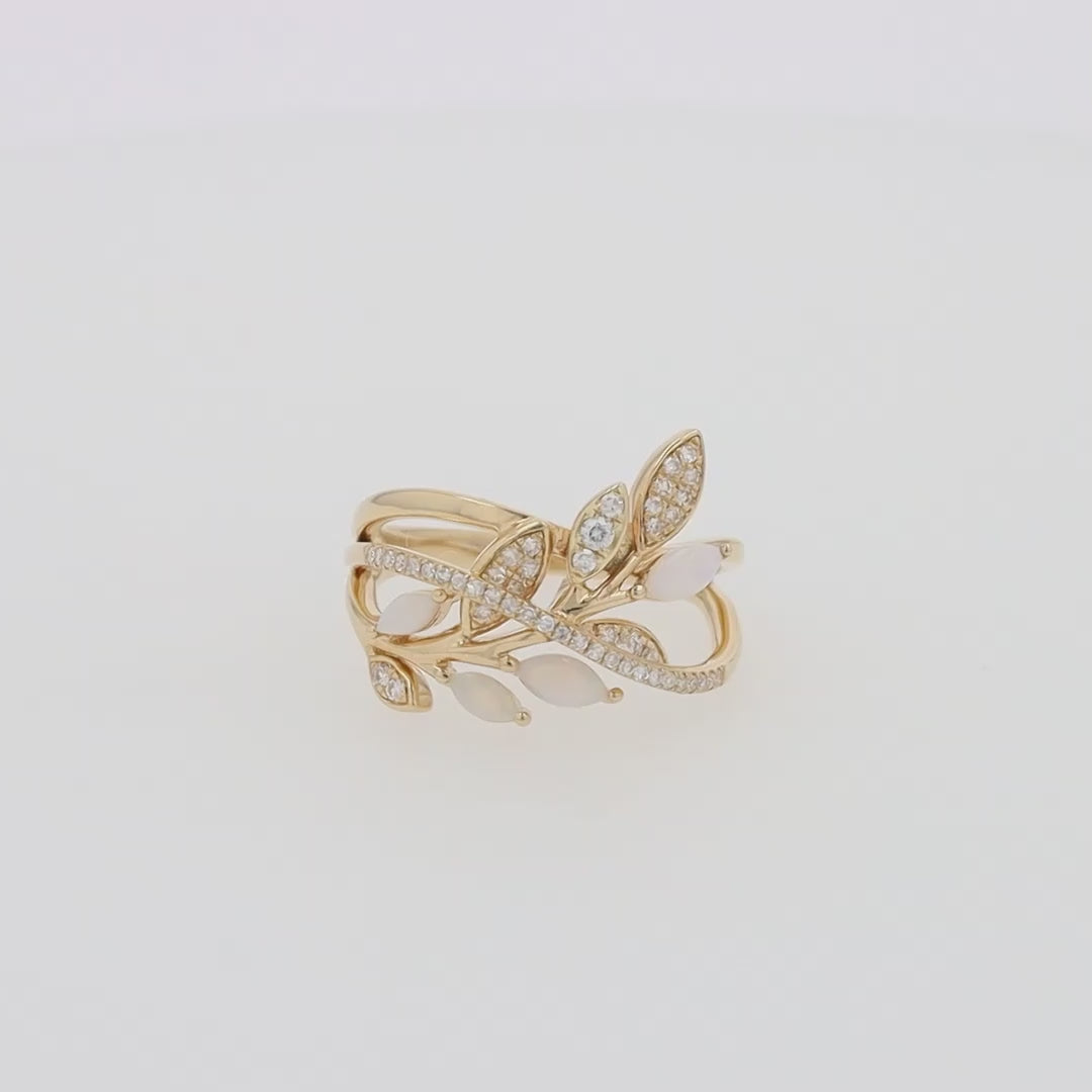 Translation missing: en.Aurora 14K Yellow Gold Opal and Diamond Leaf Ring