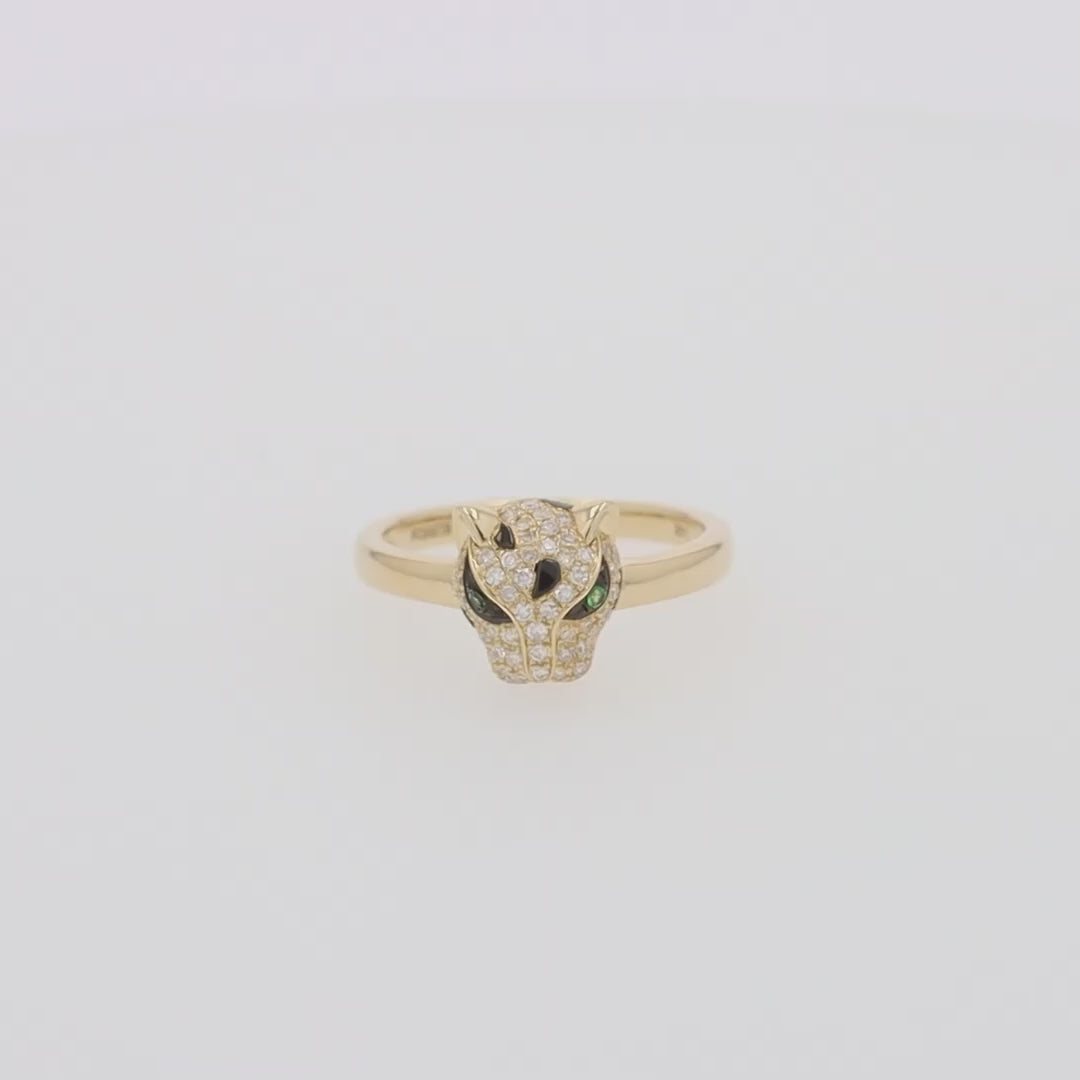 Translation missing: en.14K Yellow Gold Diamond and Tsavorite Panther Ring, 0.25 TCW