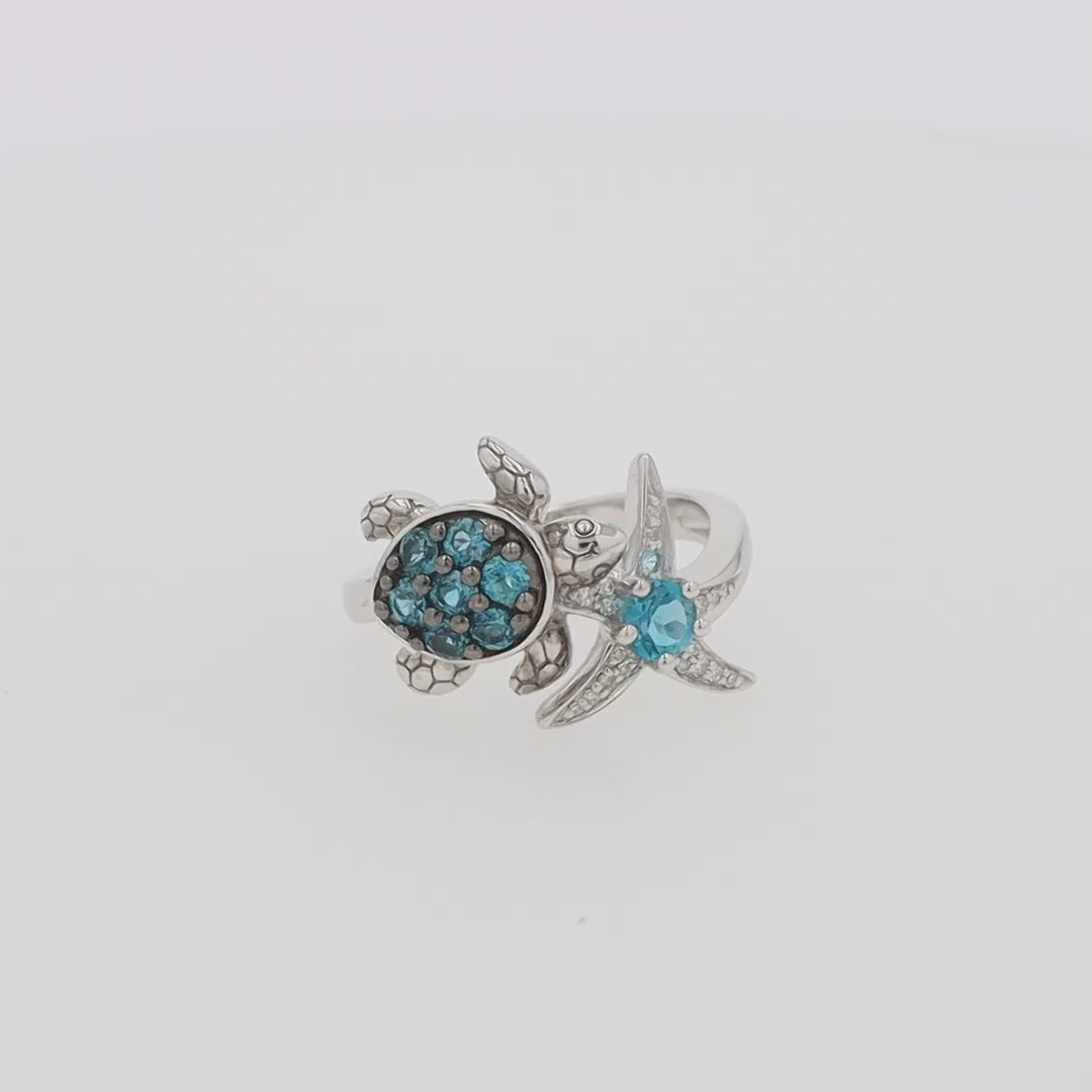 Translation missing: en.Seaside S. Silver Topaz &amp; Diamond Turtle and Starfish Ring, 1.06 TCW