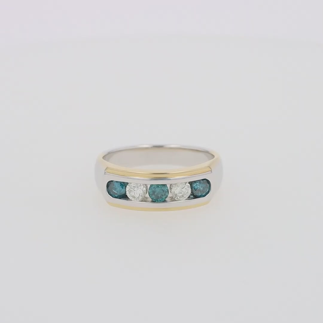 Men's 14K Two-Tone Gold Blue and White Diamond Ring, 0.98 TCW