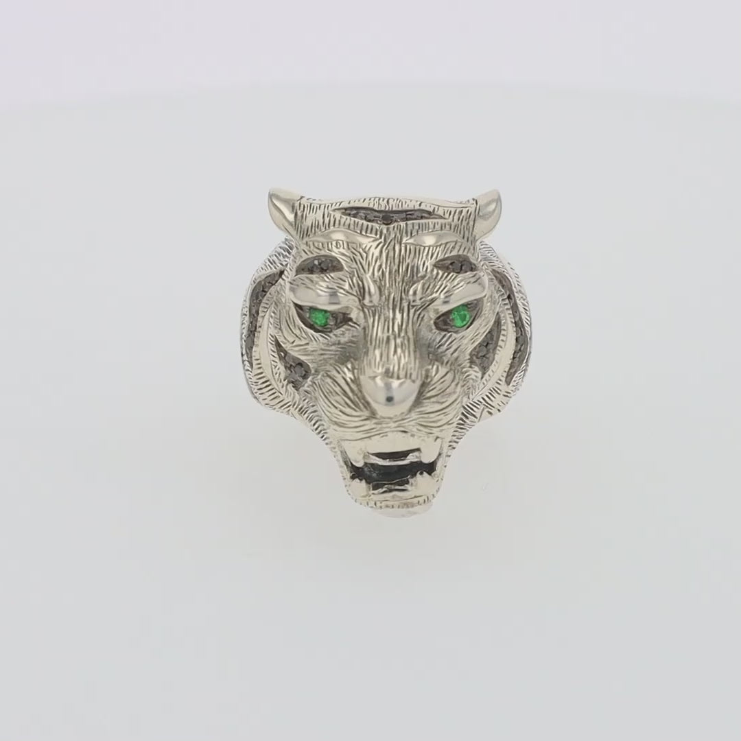 Translation missing: en.Sterling Silver Black Diamond and Tsavorite Tiger Ring, 0.21 TCW