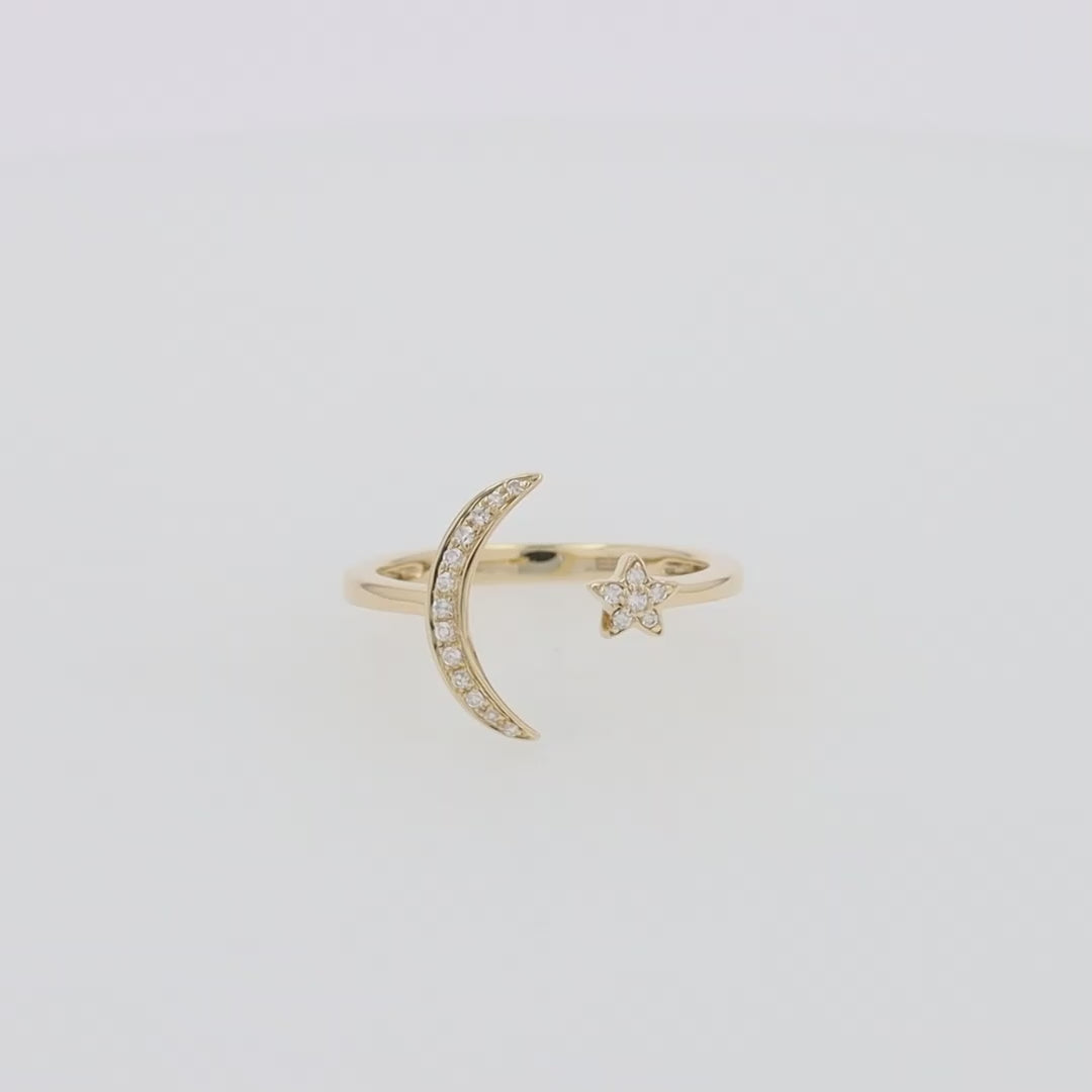 Translation missing: en.Novelty 14K Yellow Gold Diamond Moon and Star Ring, 0.08 TCW