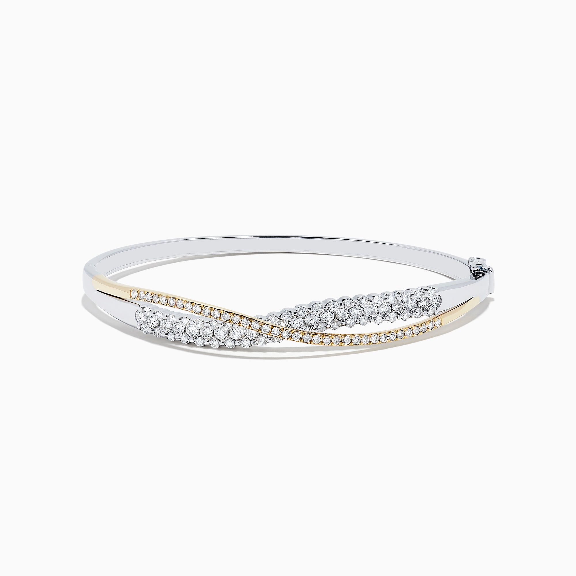 The 14K White and Yellow Gold Diamond Crossover Bangle features intertwined gold bands with sparkling diamonds totaling 2.00 TCW, and a hinged design for easy wear and a secure fit.