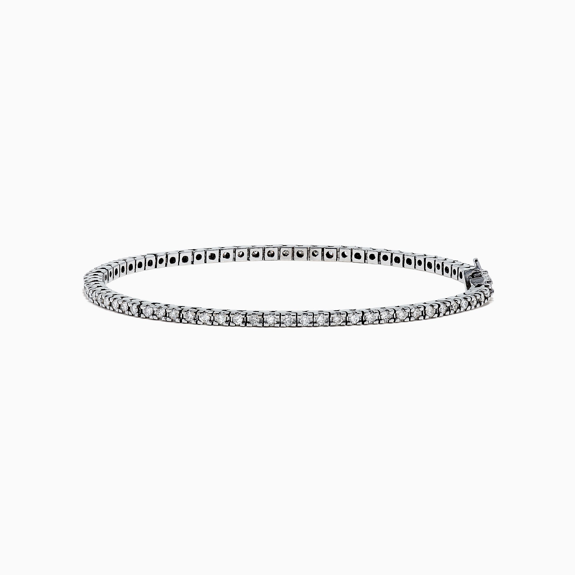 The 14K White Gold Diamond Tennis Bracelet, 1.51 TCW, features small, evenly spaced round diamonds set in delicate white gold and is displayed on a plain white background.