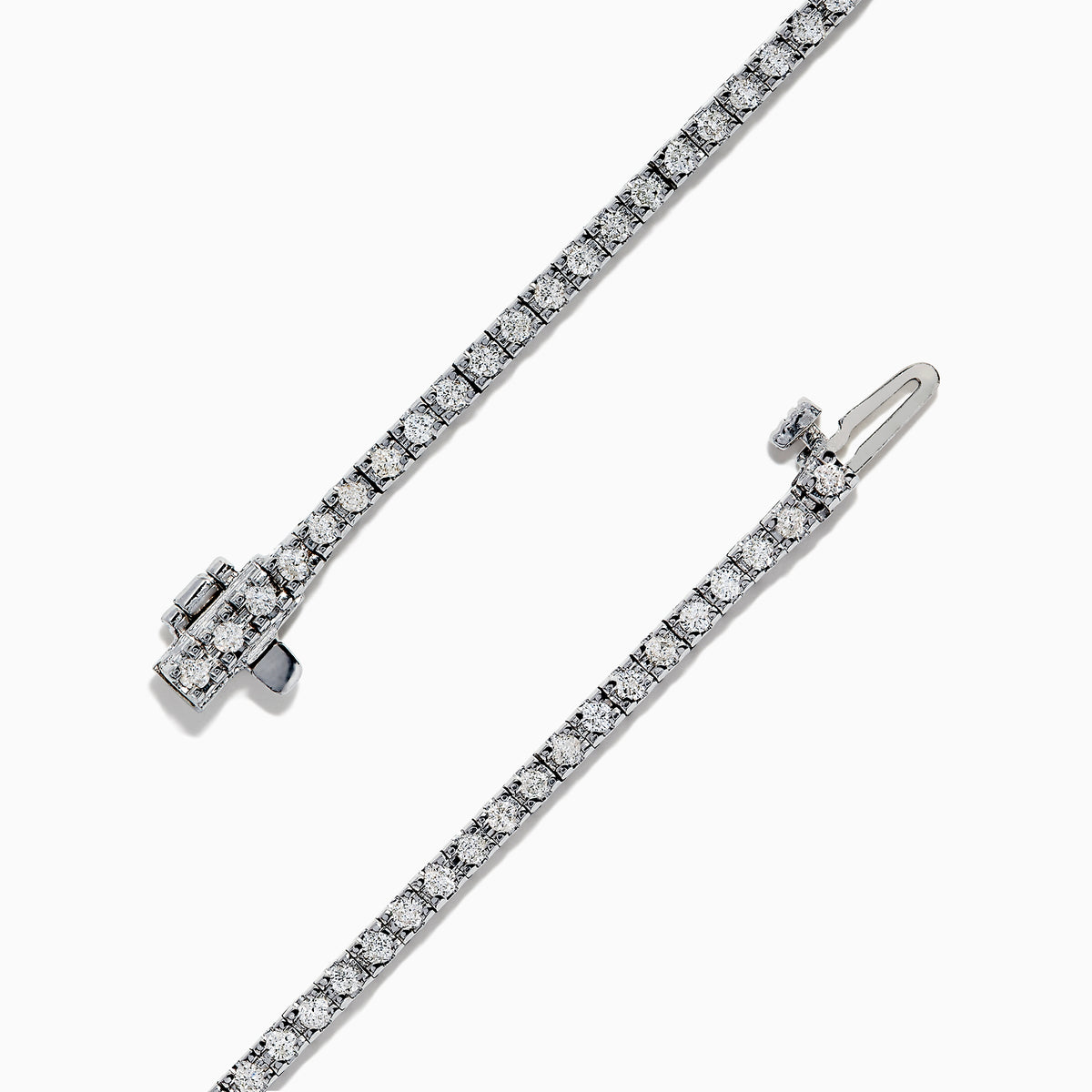 The 14K White Gold Diamond Tennis Bracelet, 1.51 TCW, features small, evenly spaced round diamonds set in delicate white gold and is displayed on a plain white background.