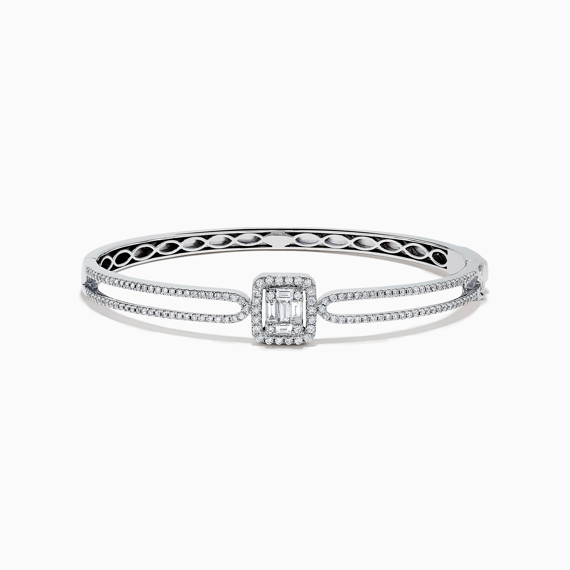 The Classique 14K White Gold Diamond Bangle (0.93 TCW) features a central rectangular emerald-cut diamond accented by smaller diamonds and double rows of pavé diamonds along the band.
