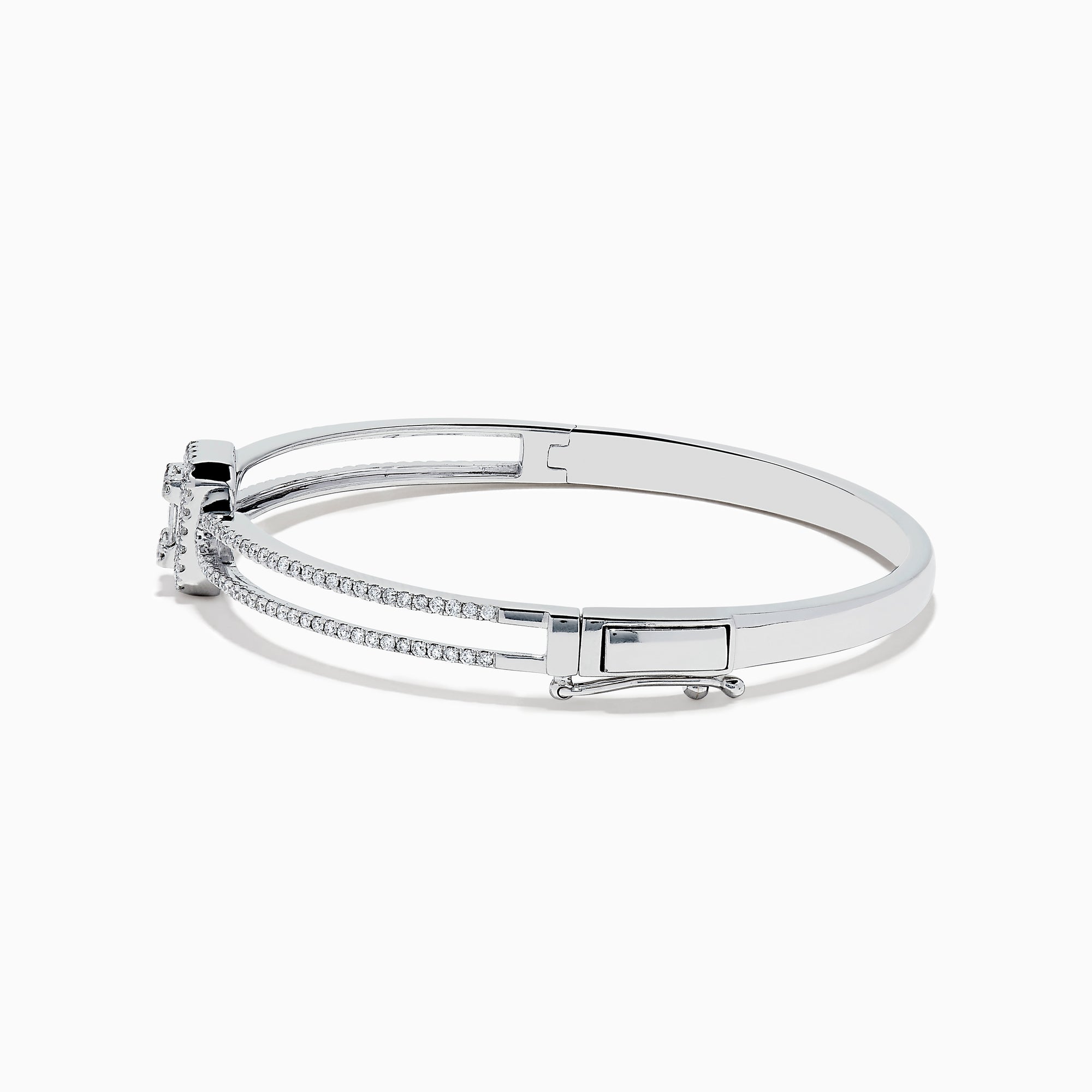 The Classique 14K White Gold Diamond Bangle (0.93 TCW) features a central rectangular emerald-cut diamond accented by smaller diamonds and double rows of pavé diamonds along the band.
