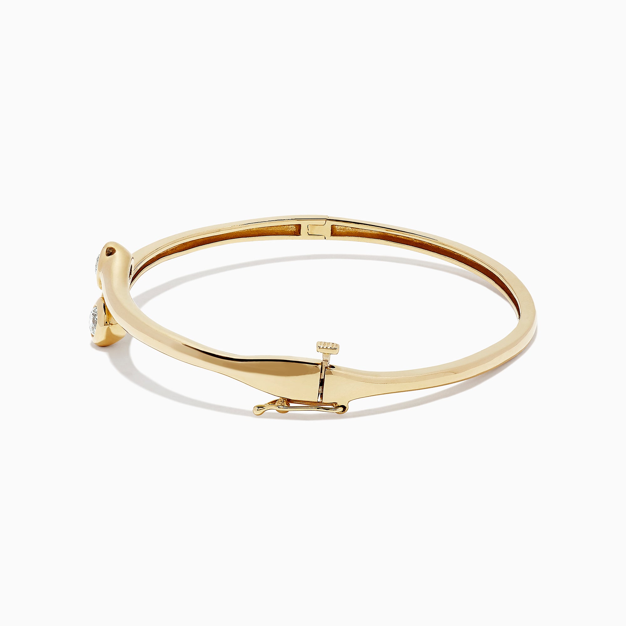 The DOro 14K Yellow Gold Diamond Two-Of-Us Bangle, 0.39 TCW, features two round diamond accents on the ends of overlapping bands, displayed against a white background.