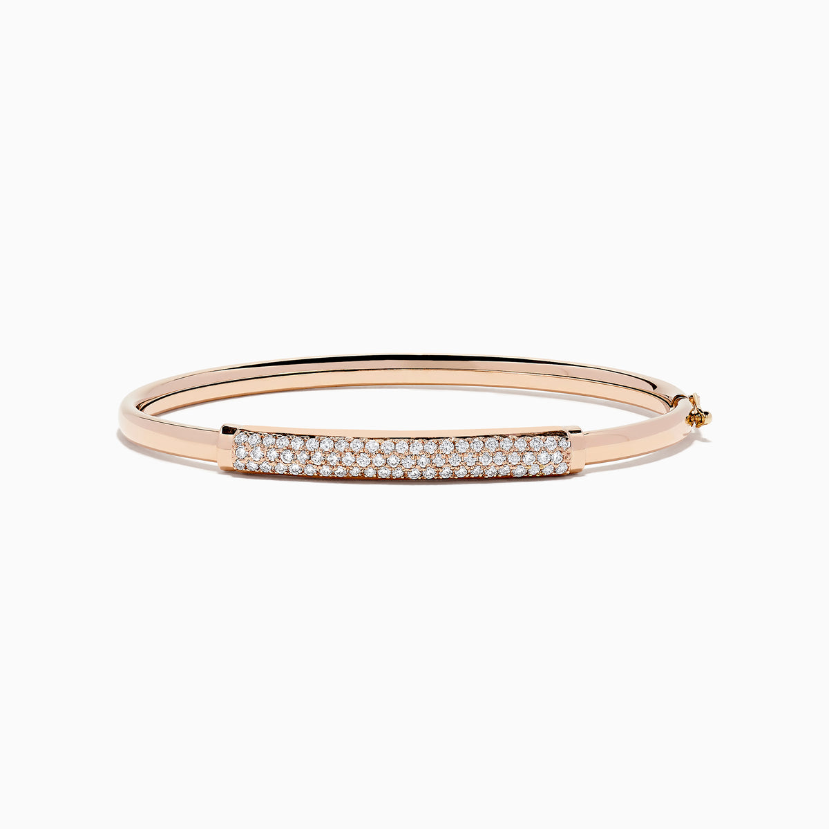 The 14K Rose Gold Diamond Pave Bangle, 1.00 TCW, features a rectangular diamond-encrusted section and is elegantly displayed on a plain white background.