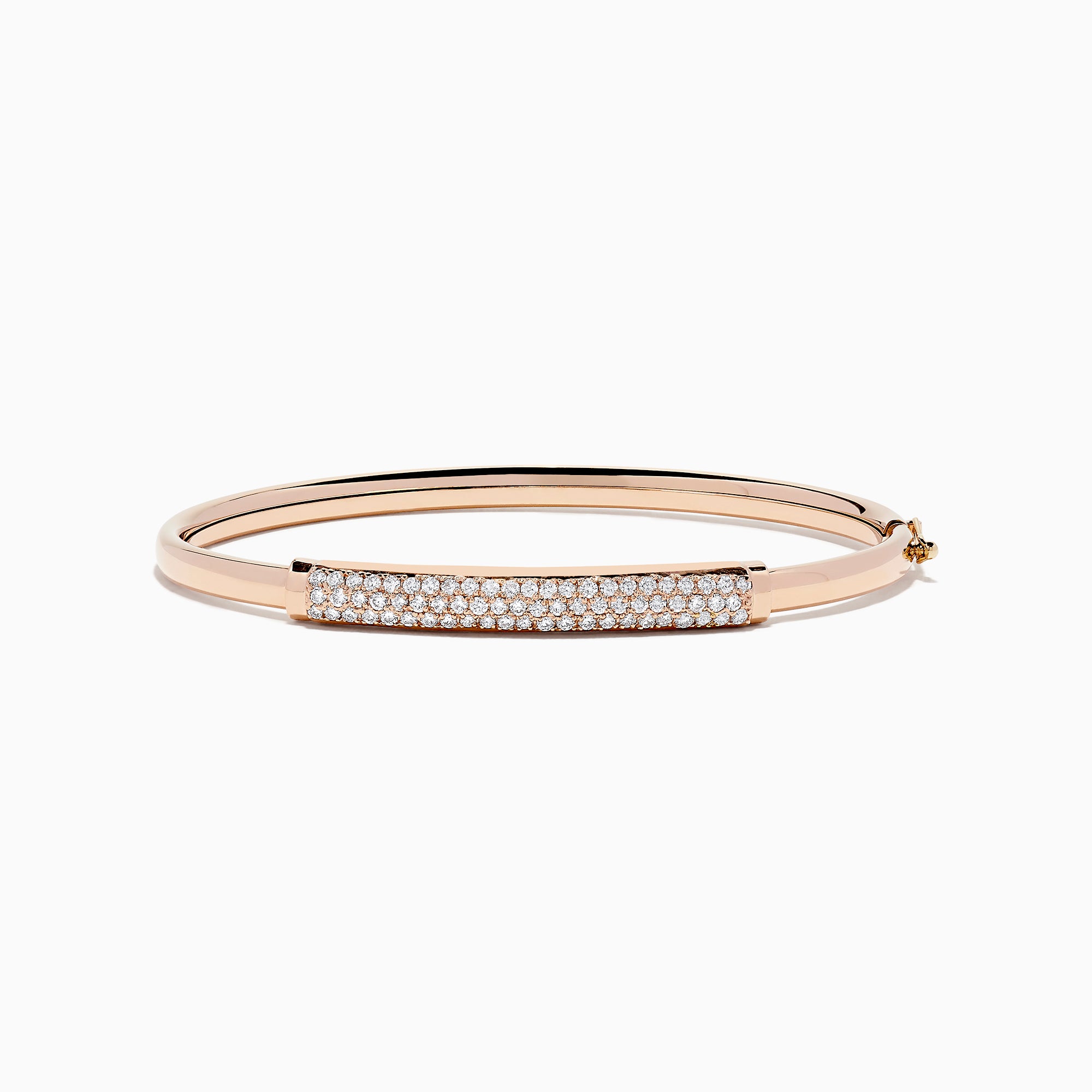 The 14K Rose Gold Diamond Pave Bangle, 1.00 TCW, features a rectangular diamond-encrusted section and is elegantly displayed on a plain white background.