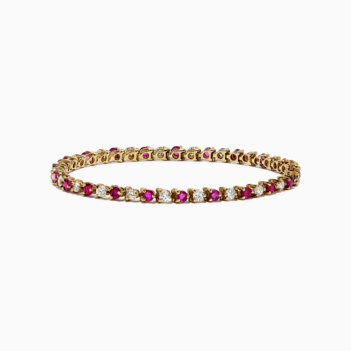 The 14K Yellow Gold Ruby and Diamond Tennis Bracelet, 3.85 TCW, showcases alternating round rubies and white diamonds set in a single elegant row.