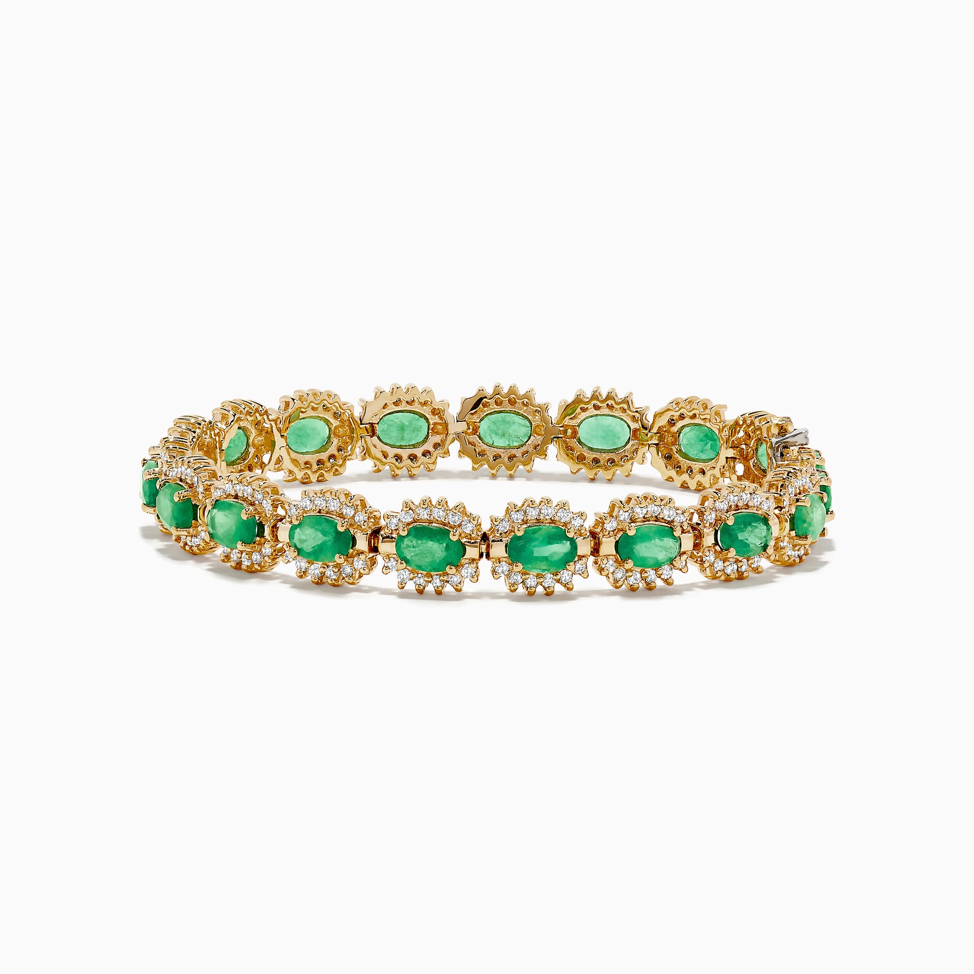 The 14K Yellow Gold Emerald and Diamond Tennis Bracelet showcases oval emeralds framed by diamonds in a classic tennis bracelet design.