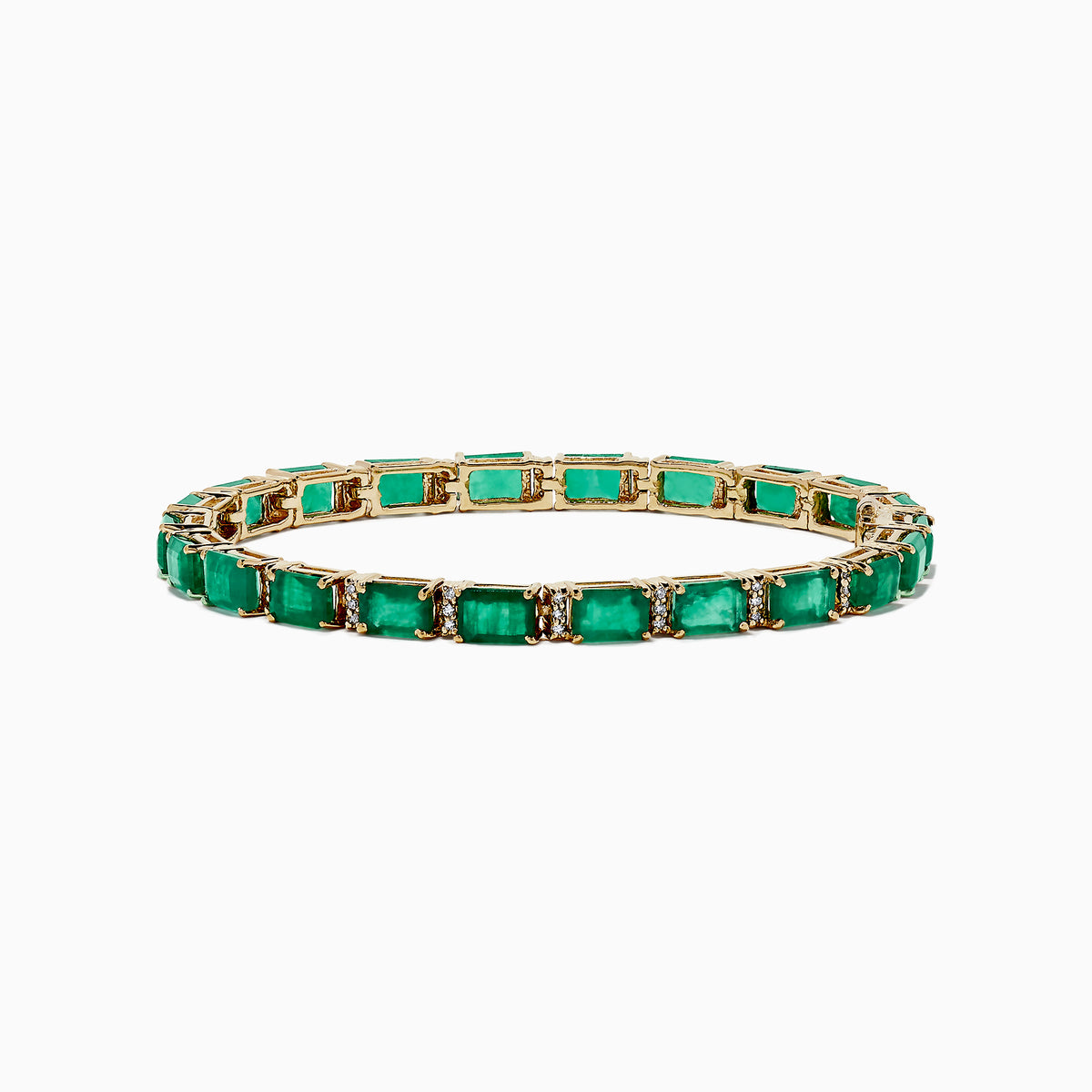The Brasilica 14K Yellow Gold Emerald & Diamond Tennis Bracelet, 11.76 TCW, features a row of rectangular emeralds in prong settings, accented by diamonds. Elegantly showcased on a white background.
