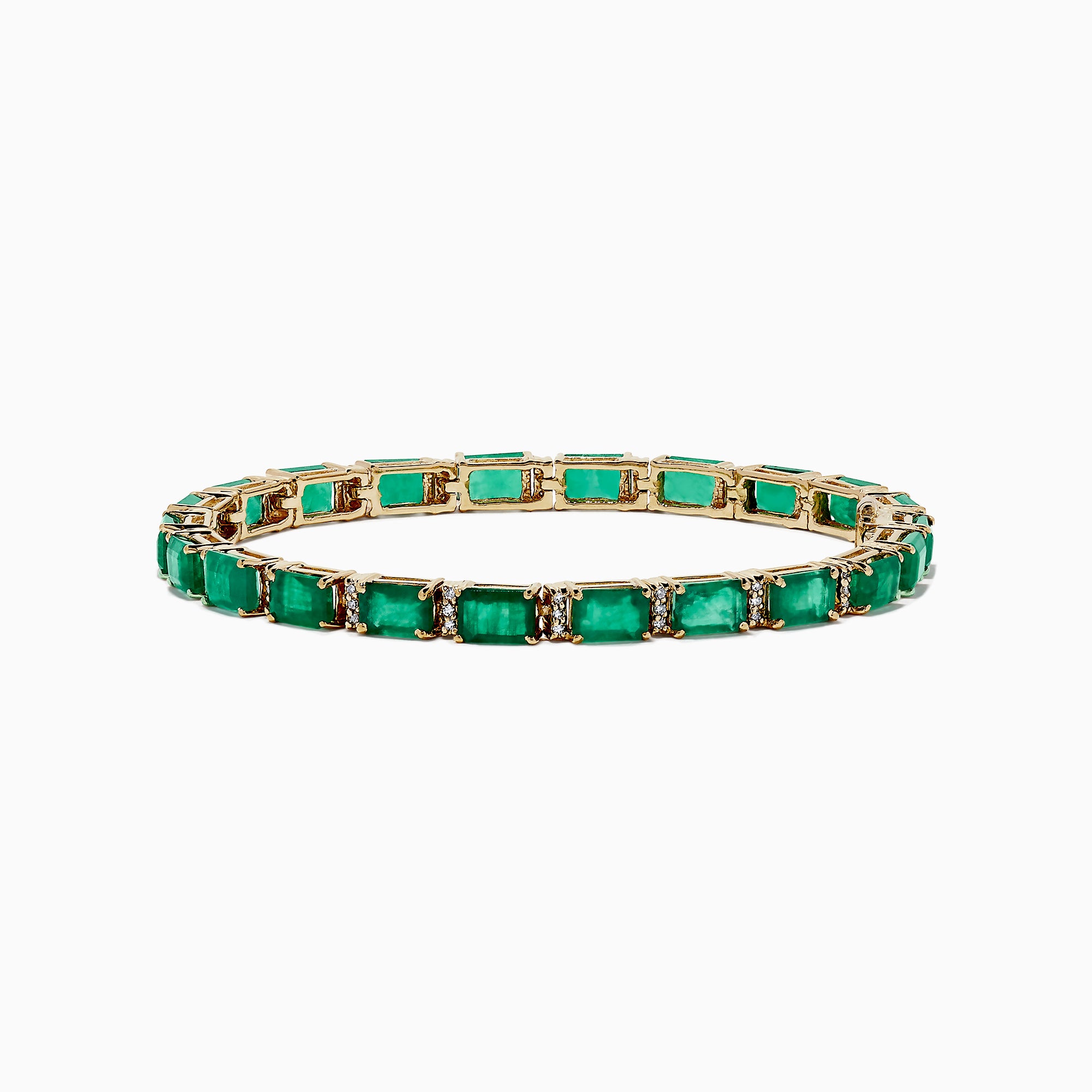 The Brasilica 14K Yellow Gold Emerald & Diamond Tennis Bracelet, 11.76 TCW, features a row of rectangular emeralds in prong settings, accented by diamonds. Elegantly showcased on a white background.