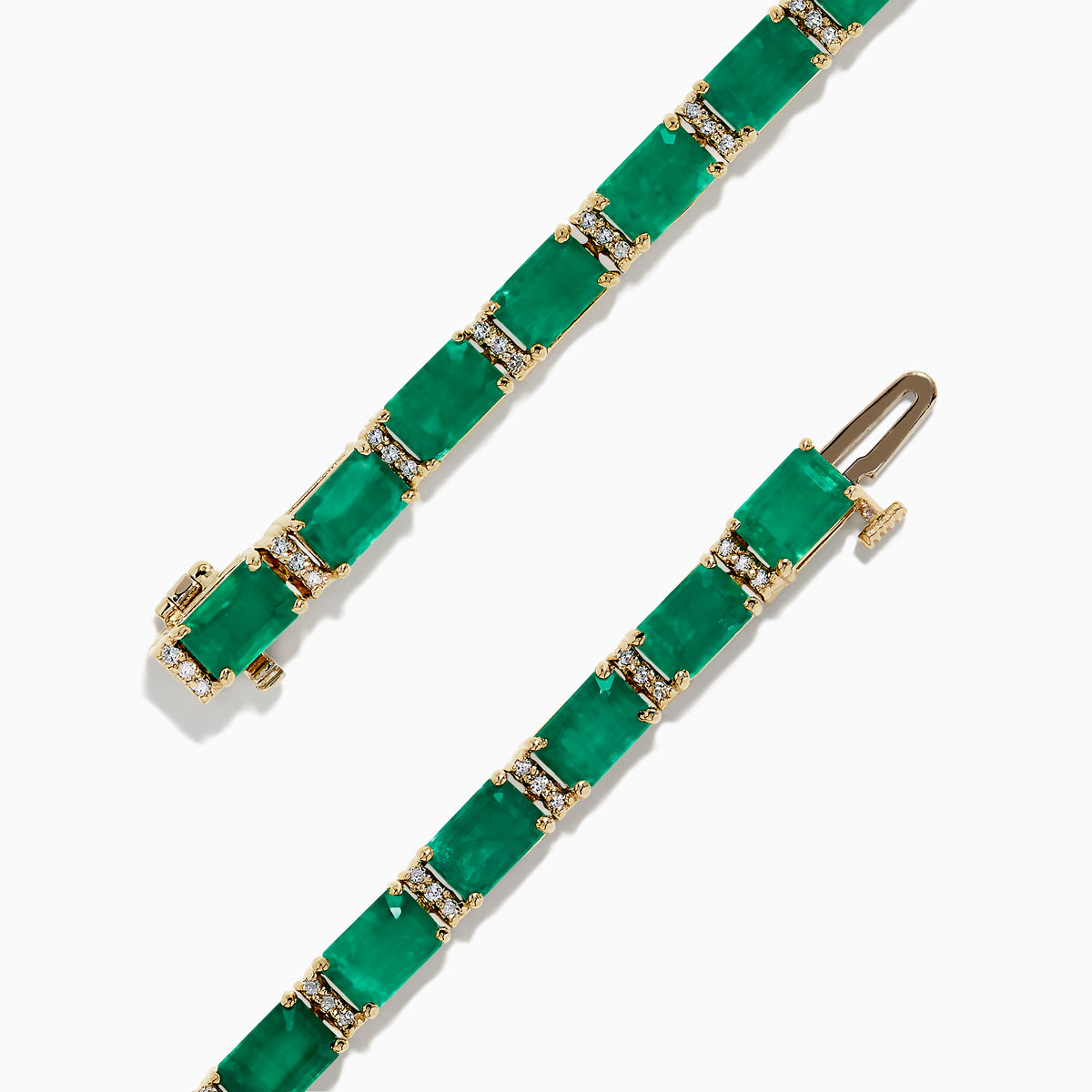 The Brasilica 14K Yellow Gold Emerald & Diamond Tennis Bracelet, 11.76 TCW, features a row of rectangular emeralds in prong settings, accented by diamonds. Elegantly showcased on a white background.