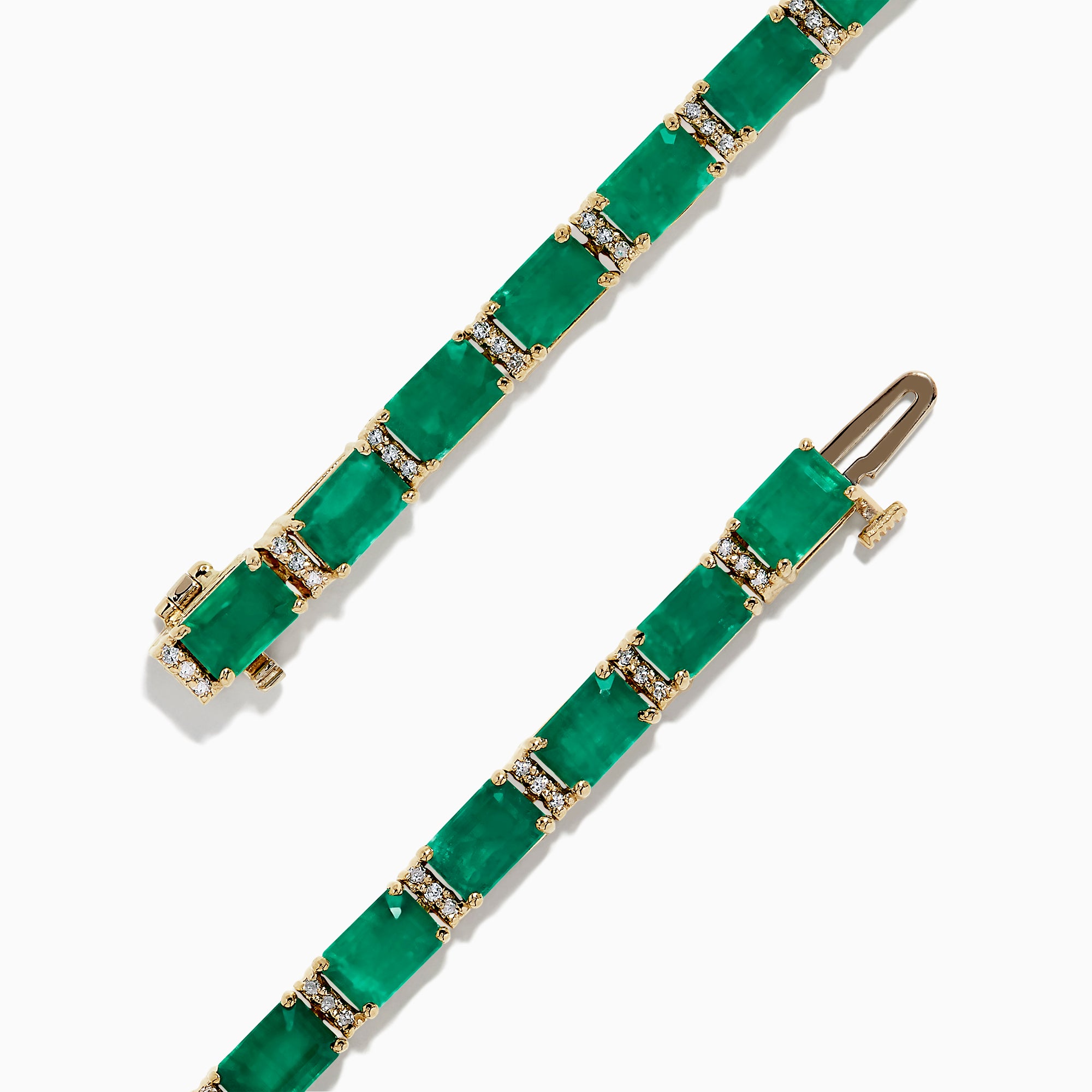 The Brasilica 14K Yellow Gold Emerald & Diamond Tennis Bracelet, 11.76 TCW, features a row of rectangular emeralds in prong settings, accented by diamonds. Elegantly showcased on a white background.