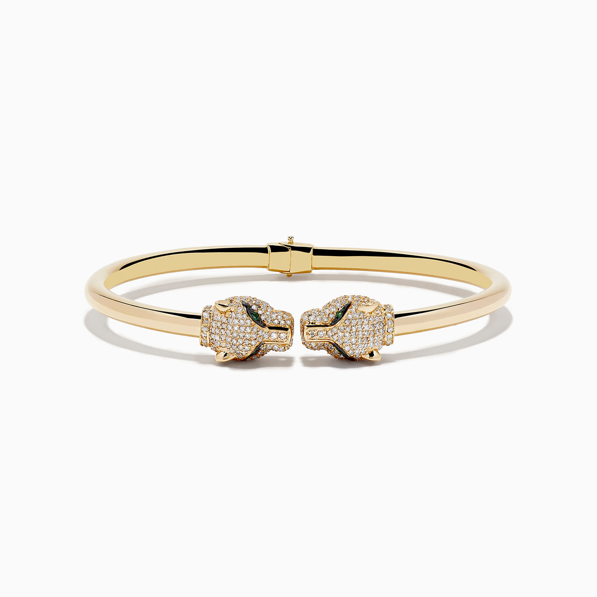 The Signature 14K Yellow Gold Emerald and Diamond Bangle features two detailed animal heads facing each other, beautifully adorned with sparkling diamonds and emeralds for a luxurious touch.