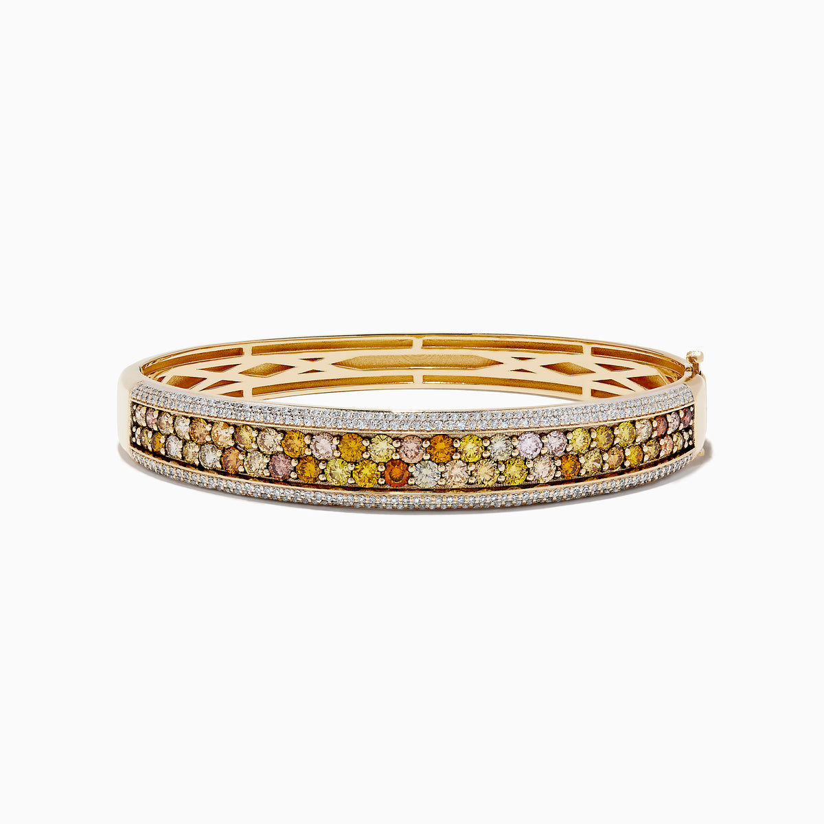 The 14K Yellow Gold Multi Color Diamond Bangle showcases a row of round yellow, orange, and brown diamonds bordered by small white diamonds along the edges.